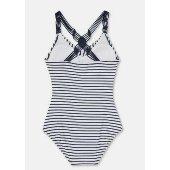 Kona Sol Shirred Macrame Strap One Piece Striped Swimsuit Navy & White Size M - Picture 4 of 13